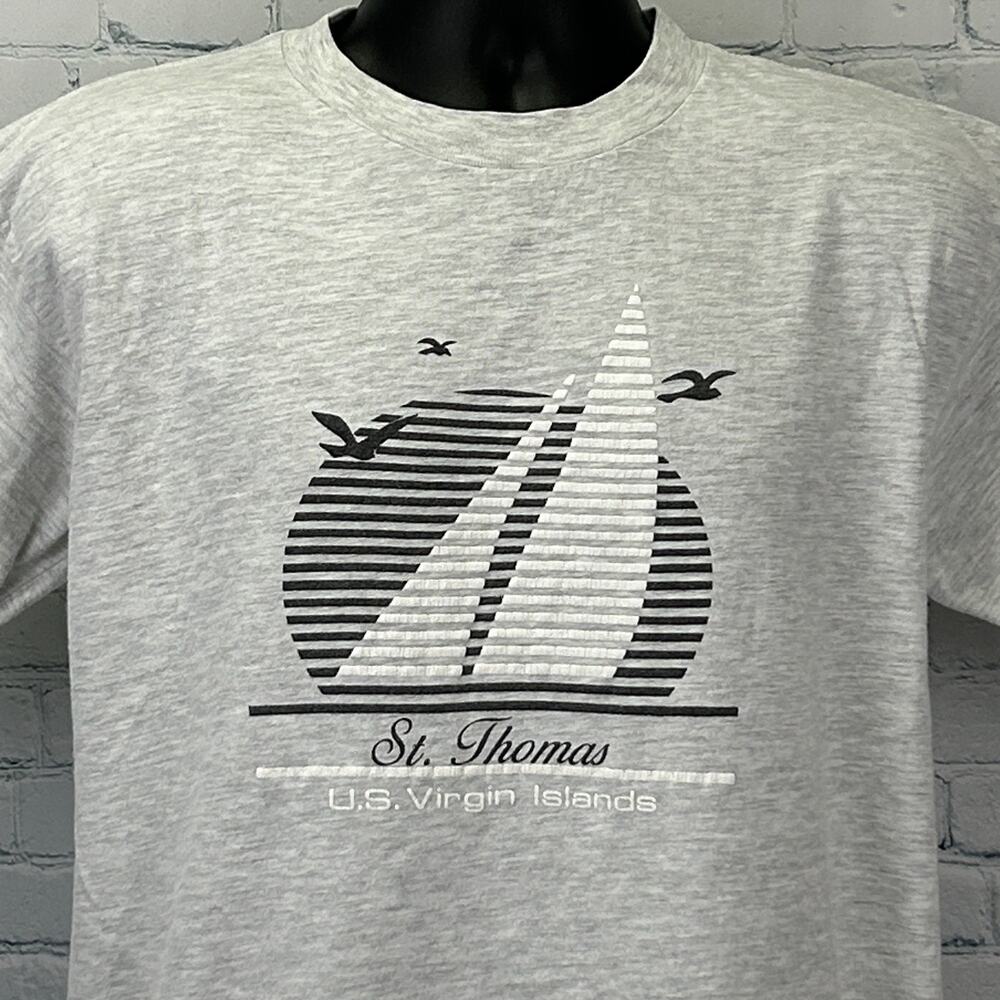 Vintage 90s St Thomas Sailboat T Shirt Gray Travel US Virgin Islands USA L Large